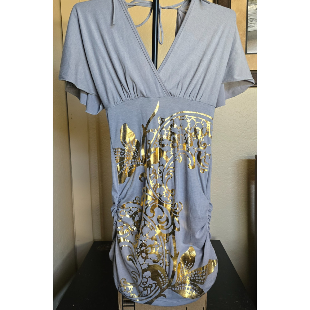 Vintage Y2K Body Central Mini Dress Gray w Gold Floral Design Women's Small